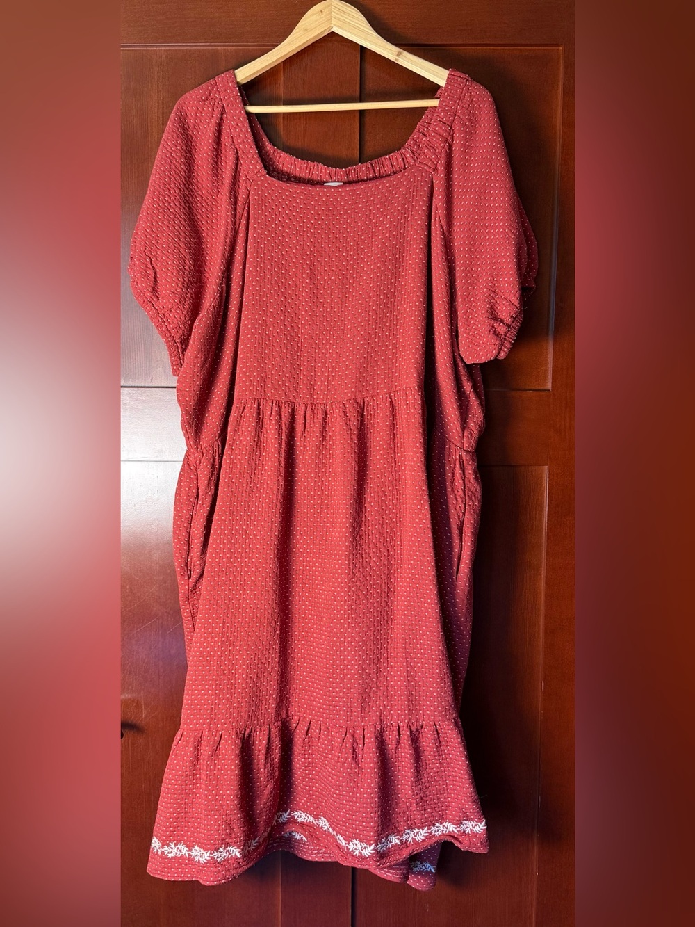 Beryl Burnt Orange Swiss Dot Babydoll Dress With Embroidery Size 3X